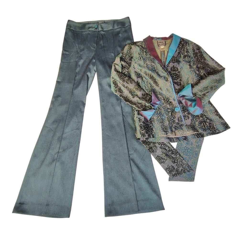 Anni Kuan Silk Metallic Peacock Brocade Jacket Pants Suit Set Vintage Small #612 - Picture 9 of 16